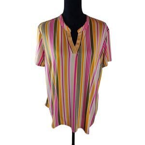 EST 1946 Women's Striped Top 2X Polyester Spandex Yellow Pink Sage White